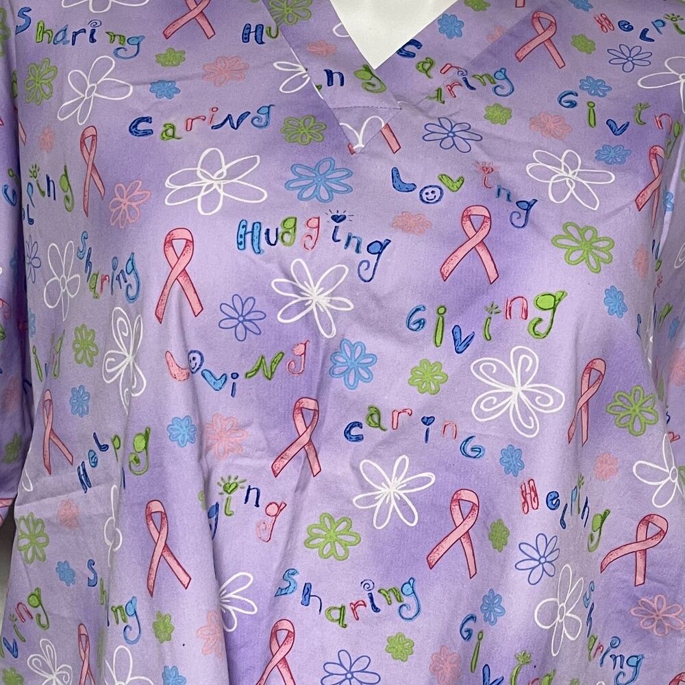 Pink Ribbon Flowers Loving Nurse Scrub Top 2 pocket Purple Green White Size 2XL